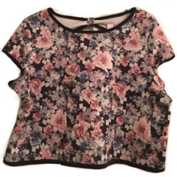Floral Scuba Crop Top w/ Cap Sleeve - Picture 1 of 5